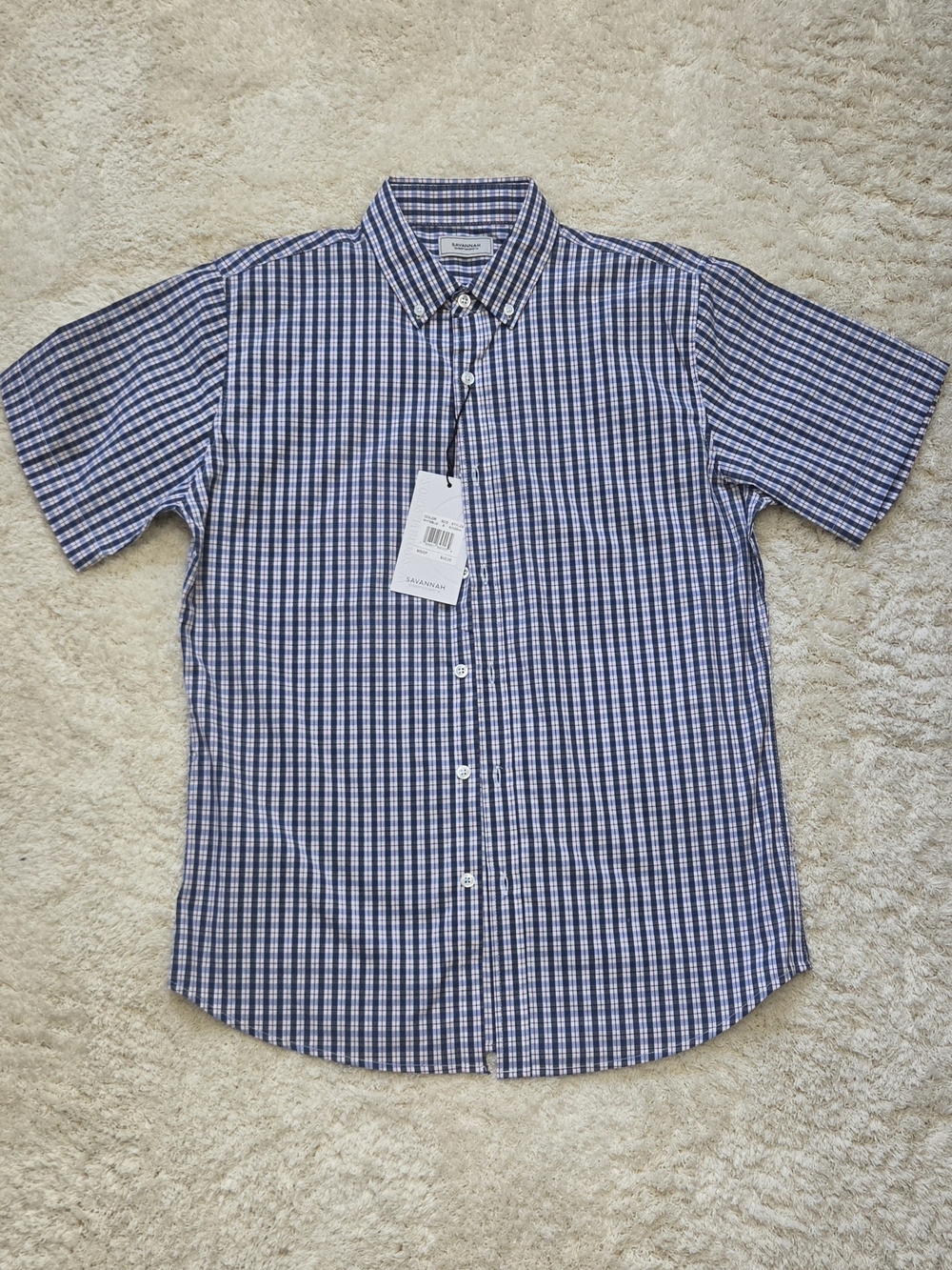 Savannah Blue and White Short Sleeve Check Button-Down Shirt